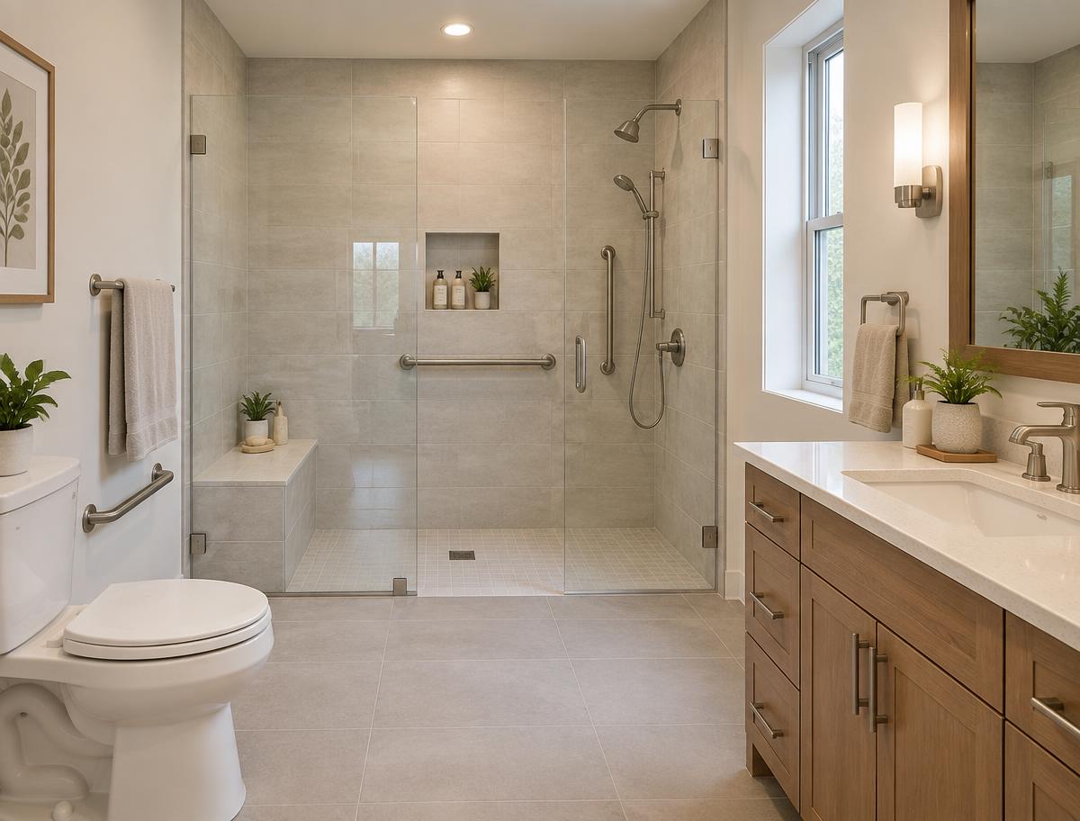 A bright renovated bathroom with a walk-in shower, bench, and grab bars